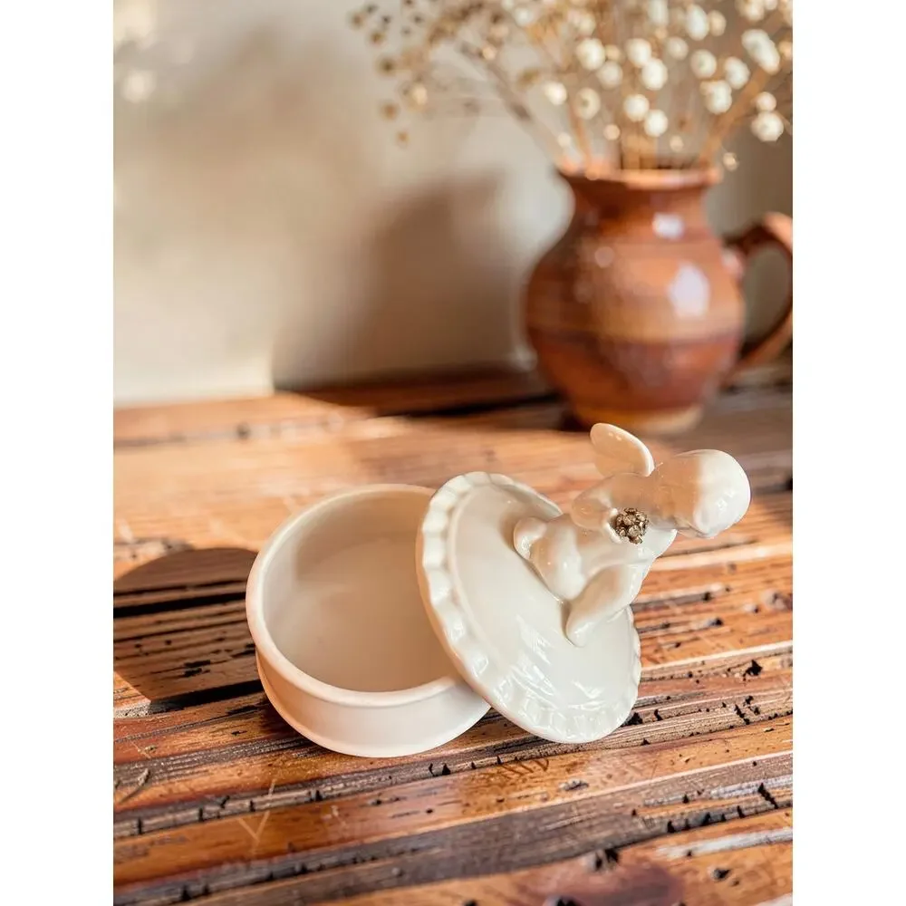 Vintage White Porcelain Cherub Trinket Box | Angel Jewelry Box/Rhinestone Flower